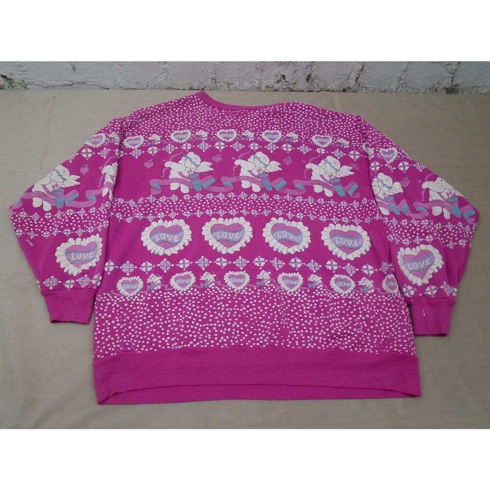 Vintage 80s Grandma Sweater Puffy Print Hearts Teddy Bear Cherub Valentines L - Picture 12 of 14